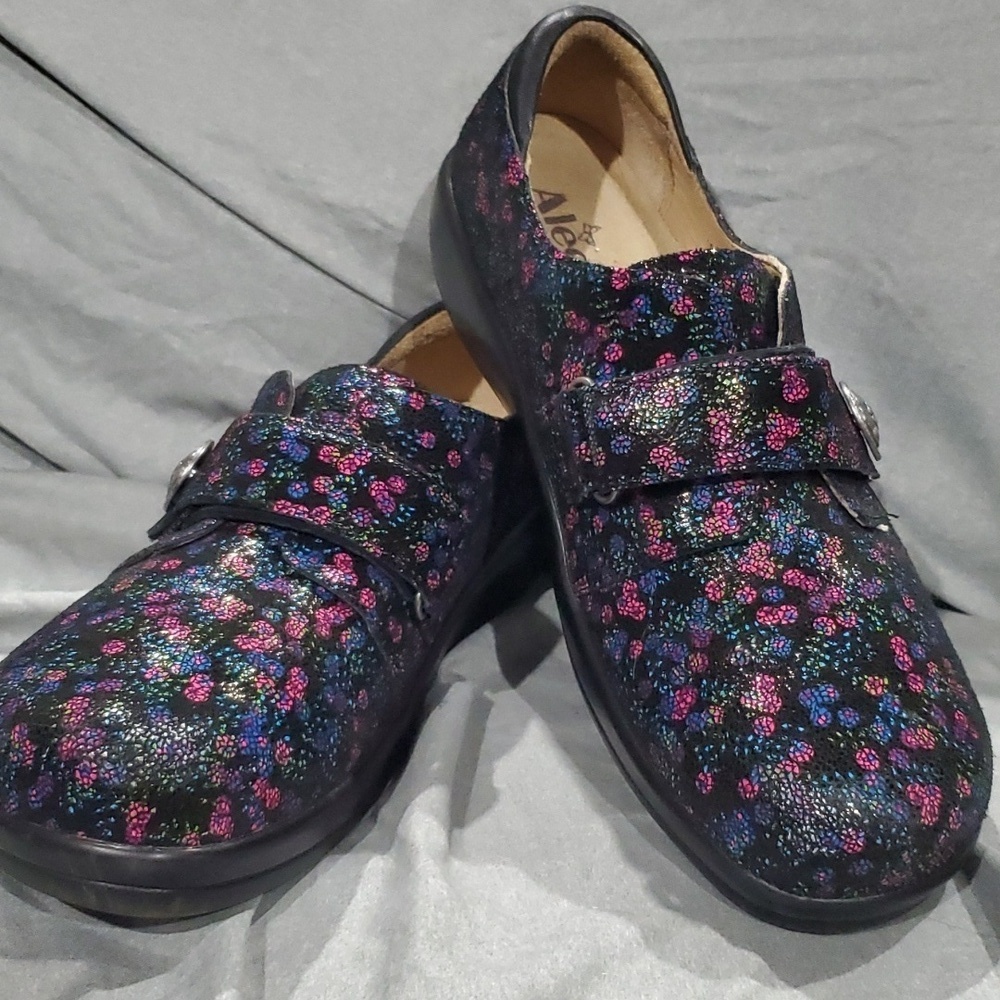 Alegria purple pink on black floral leather comfort clog shoe